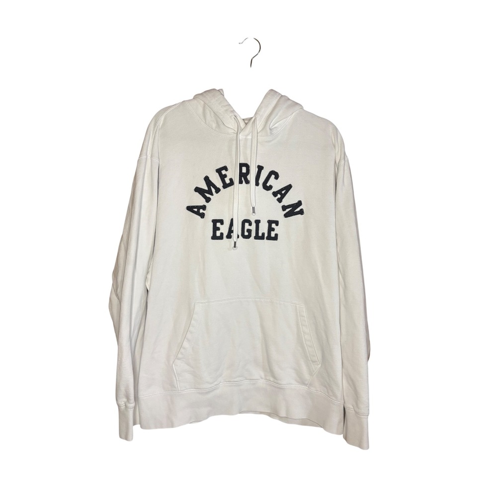American Eagle Mens XXL White Logo Graphic Fleece Hoodie Sweatshirt XXL